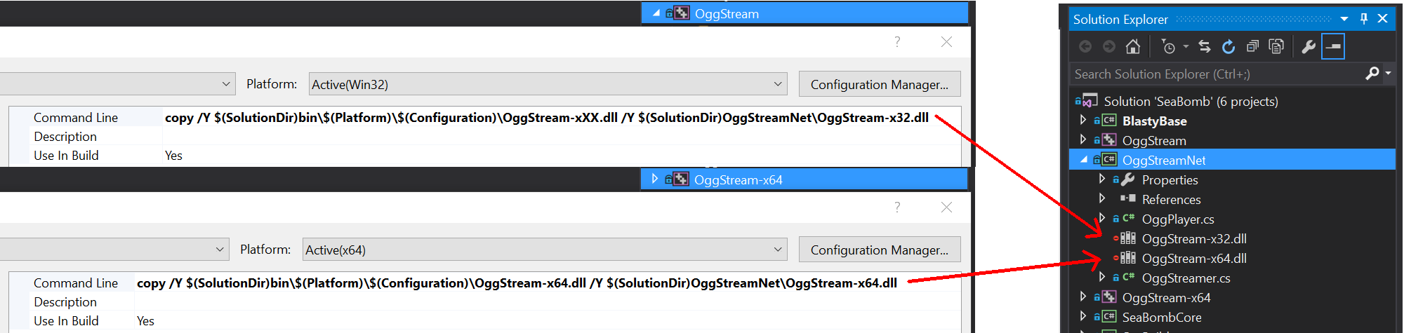 Image of c++ post build steps to copy into the c# folder.